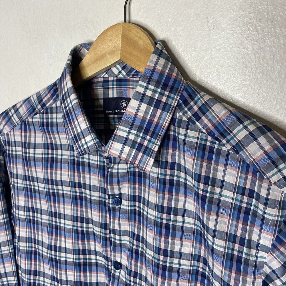 Hart Schaffer Marc Blue Plaid Long Sleeve Button‎ Up Cotton Shirt Mens Medium - Picture 2 of 8